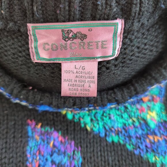Vintage 80s Concrete Black Blue Sweater L / XL Geometric Abstract Knit Acrylic - Picture 6 of 14